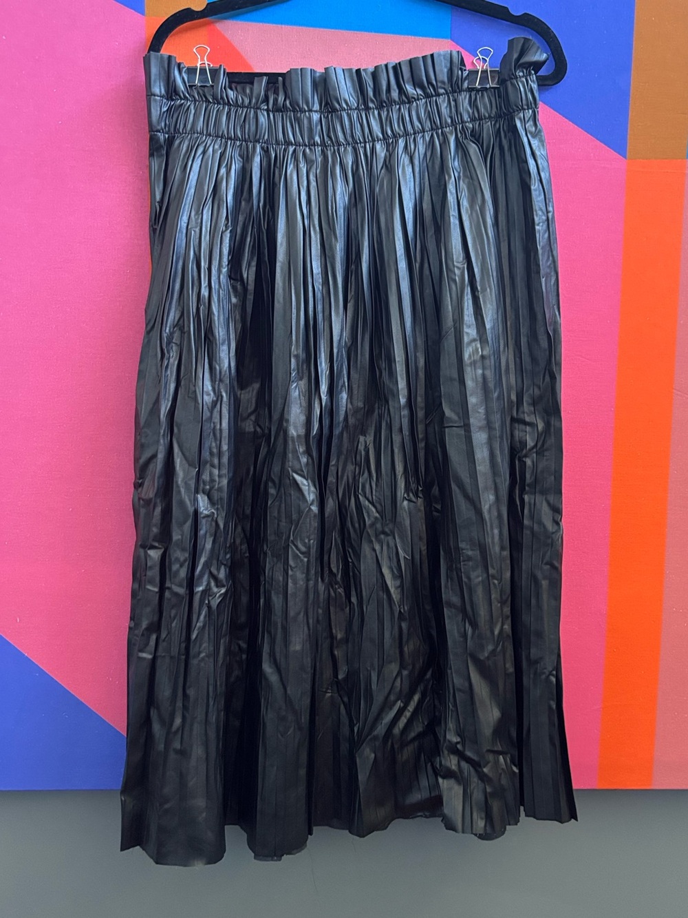 Ashley Stewart Black Vegan Leather Pleated Midi Skirt